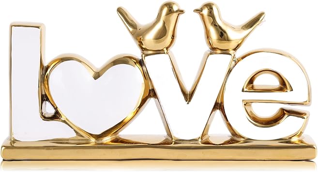 Ceramic LOVE Letter Decor with Bird Statues,Modern White Gold Sculpture Optimized for TV Stand & Floating Shelf,Sophisticated Tabletop Ornament,Romantic Anniversary & Wedding Gift for Couples White