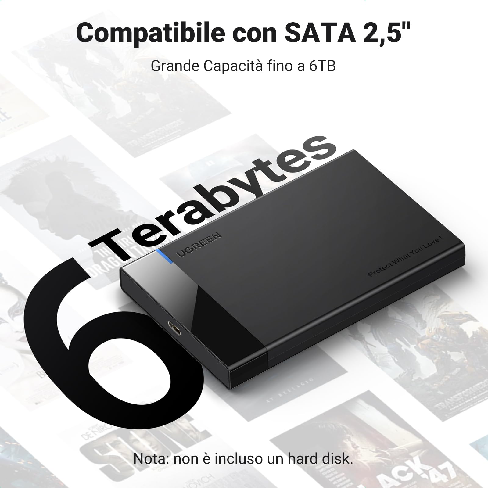 UGREEN Case Disco Rigido 2.5" USB C 3.1 Gen 2 UASP 6Gbps, Enclosure Hard Disk per 7mm 9.5mm SATA I II III HDD SSD Compatibile con WD Toshiba Seagate Hitachi, PS4, Xbox