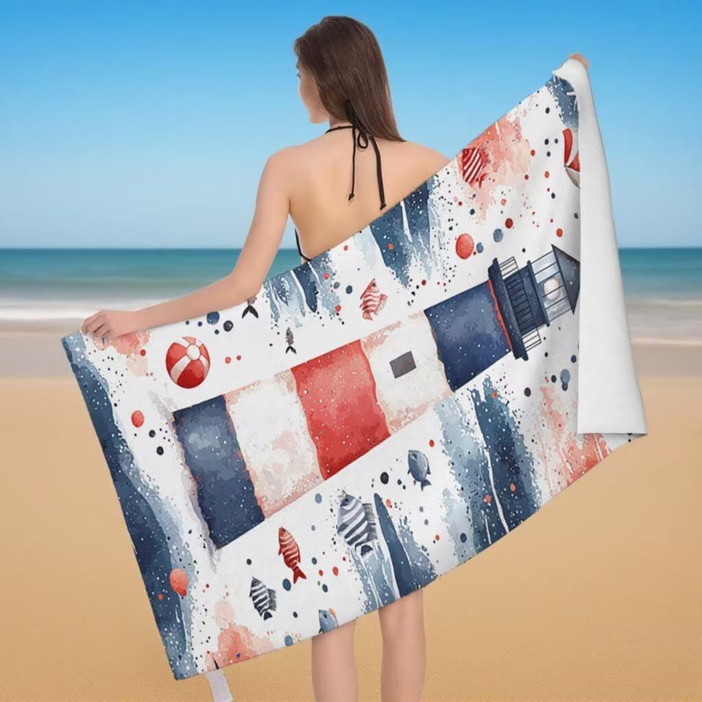 Toalla de Playa Grande 220x100cm/35x70cm, Juego de 2 Toalla Microfibra XXL de Antiarena, Toallas Playa Suave Ligera, Absorbente Secado Rápido, Beach Towel Viaje Yoga, Regalo Mujer Hombre (Faro) J-49