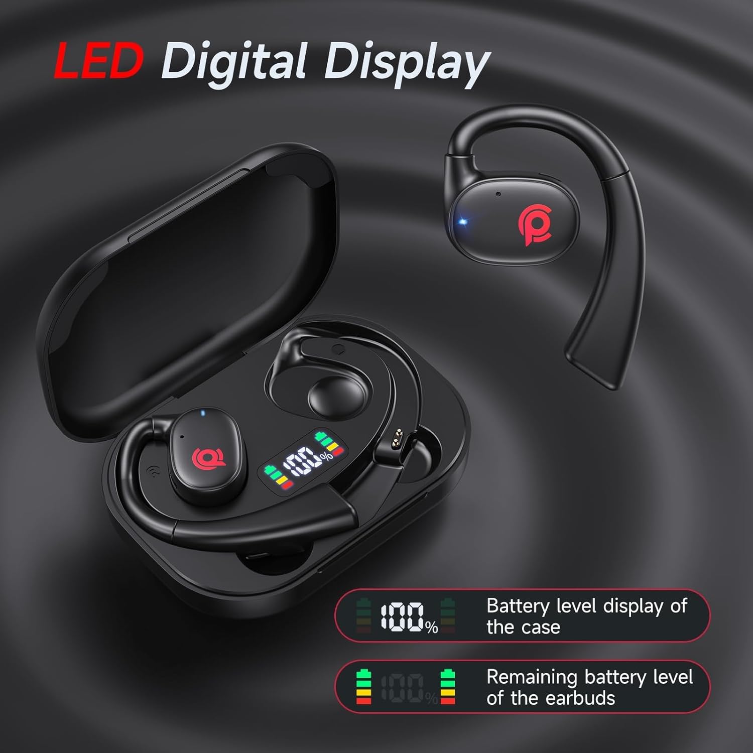 LED digital display on the charging case showing battery levels for the case and individual earbuds.