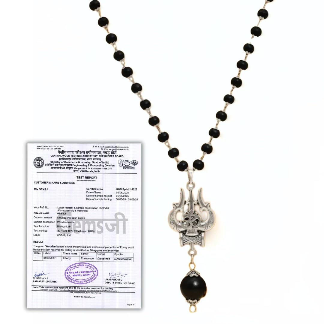 Original Karungali Malai With Trishul Locket - Certified Ebony Beads Mala With Goverment Lab Test Certification - Authentic Black Ebony Wood 54 Beads Tarishul Pendant For Meditaon & Spiritual Growth