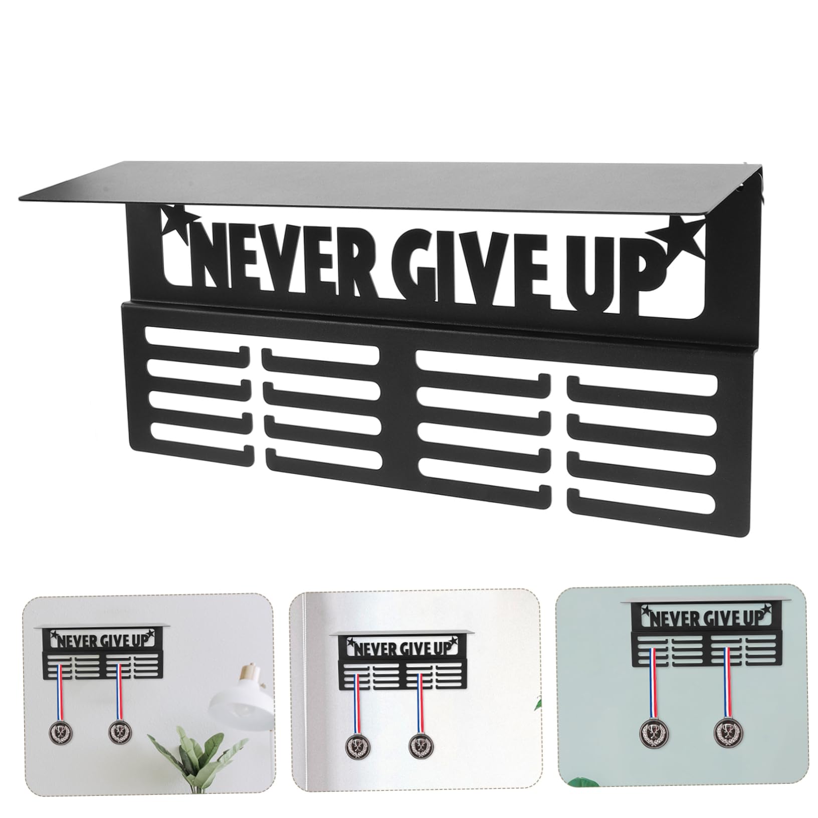 POPETPOP Expositor de Medallas Estante y Ganchos, Soporte Medallas Deportivas para Pared, Hierro Negro, Diseño Duradero y Ahorro de Espacio para Hogar