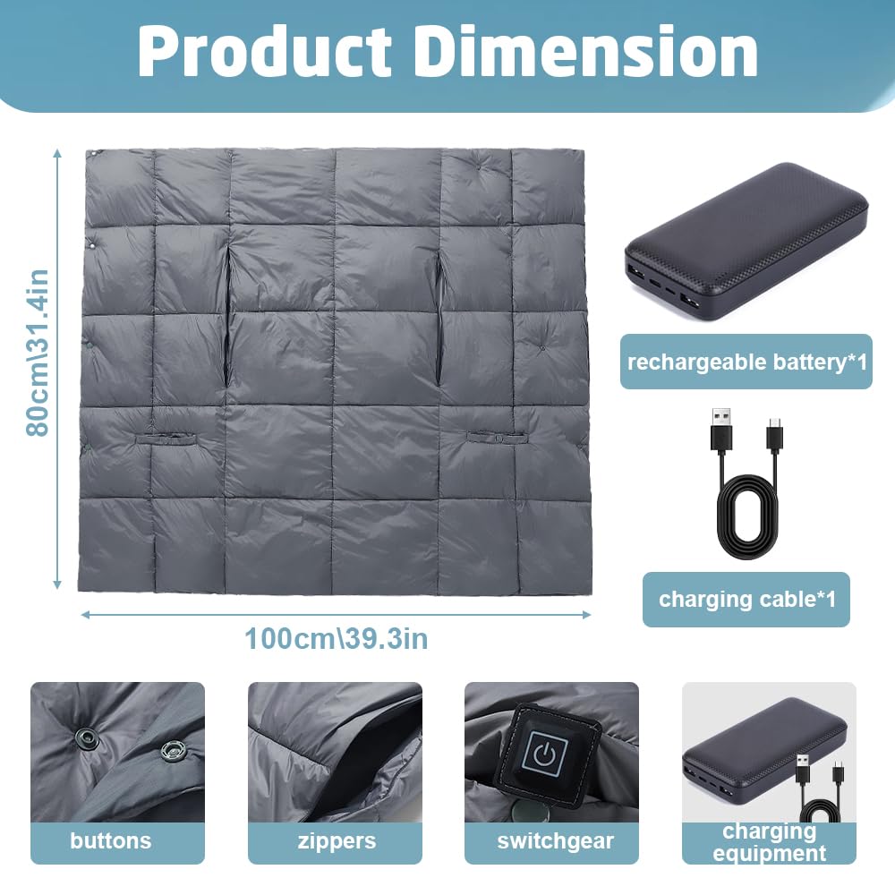 Coperta elettrica con batteria senza fili, 1600 mAh, 7,4 V, protezione dal surriscaldamento, coperta termica portatile senza fili, con 6 zone di riscaldamento e 3 livelli di temperatura per