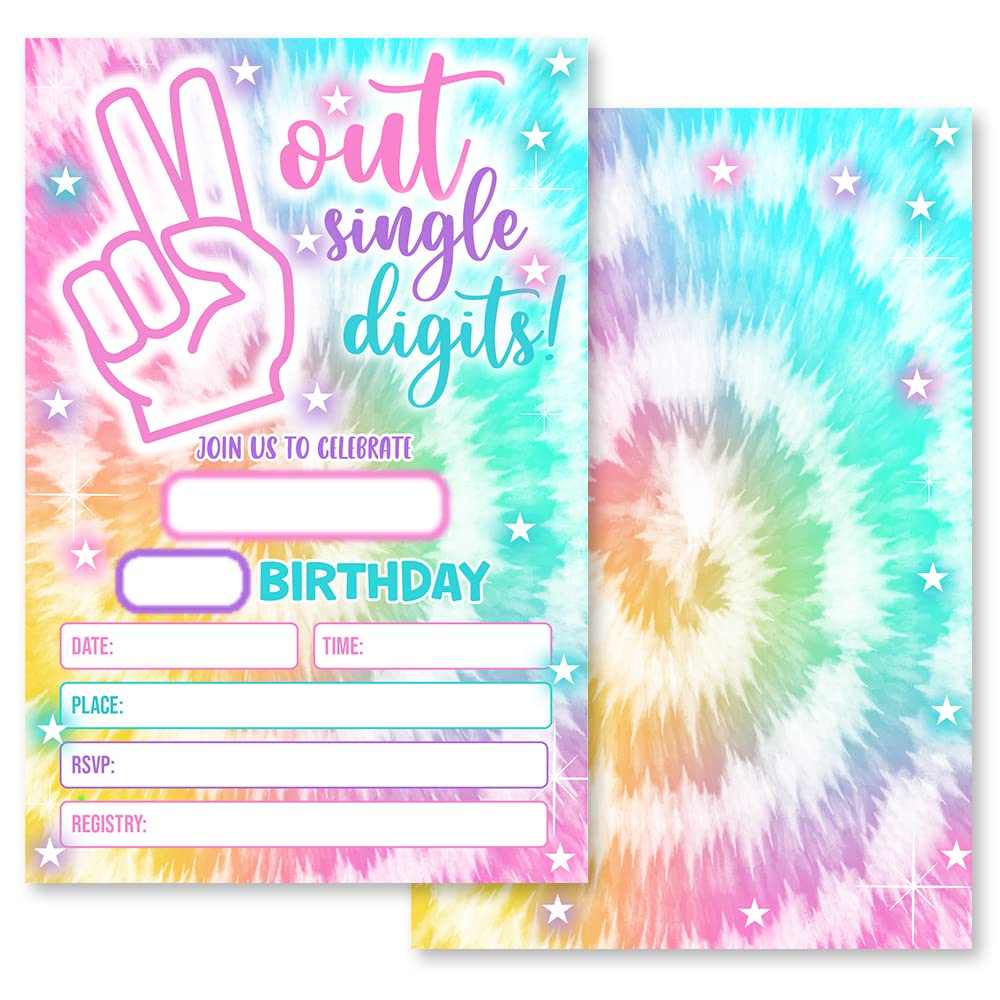 Photo 1 of Grace Yonks Tie Dye Birthday Party Invitation, Peace Out Single Digits Hippy Tie Dye Party, 20 Invitations and Envelopes, Birthday party Invitations, Birthday Party Supplies.(083)