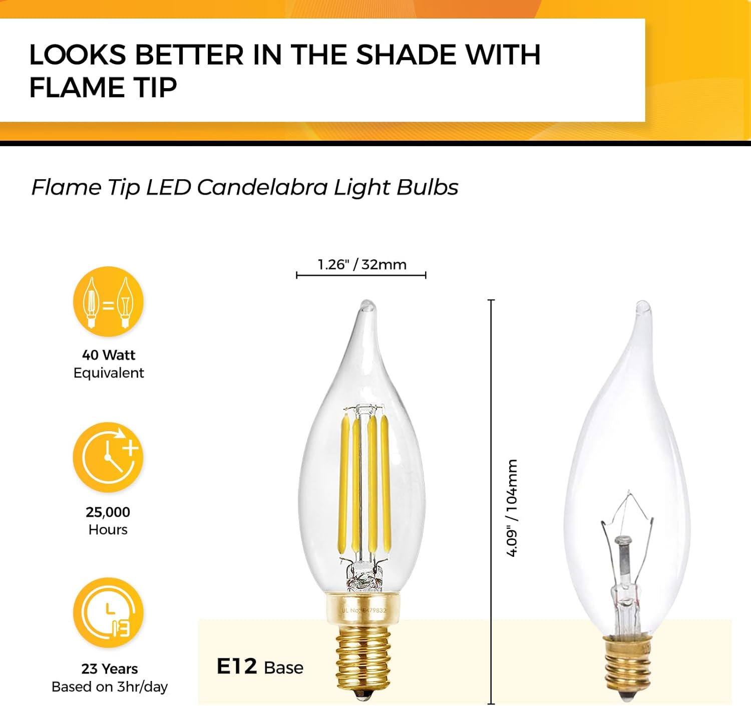 Hizashi Candelabra LED Light Bulbs, 90+ CRI, E12 LED Bulb Dimmable 40W, 5000K Daylight White 4W 450LM, CA10 Chandelier Light Bulbs, Flame Tip Candle Light Bulbs, UL Listed - 24 Pack