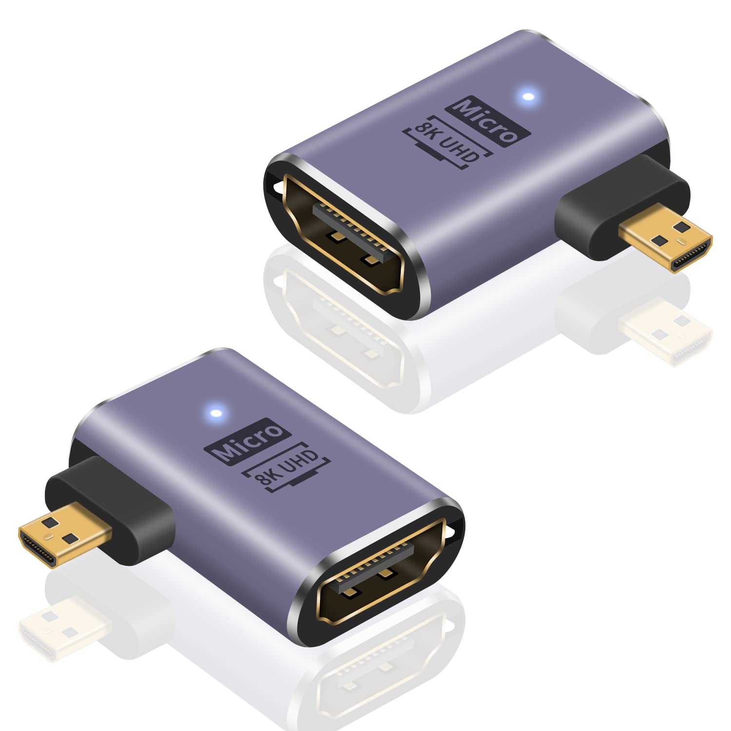 Poyiccot 8K Micro HDMI Male to HDMI Female Adapter, 48Gbps Left and Right Angled Micro HDMI to HDMI Adapter, 90 Degree Micro HDMI Adapter, 2pack