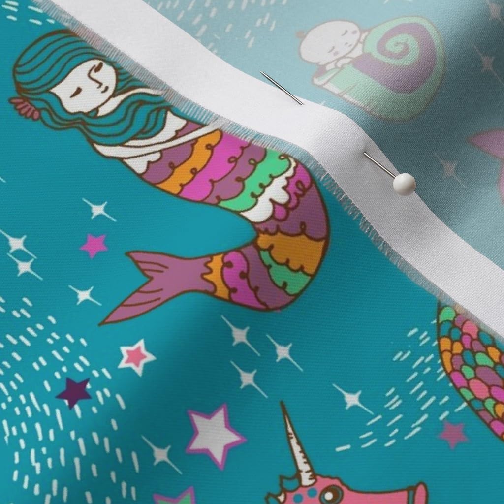Spoonflower Fabric - Mermaid Lullaby Teal Small Ocean Girl Moon Seahorse Printed on Organic Cotton Sateen Fabric by The Yard - Sewing Quilting Apparel Home Decor