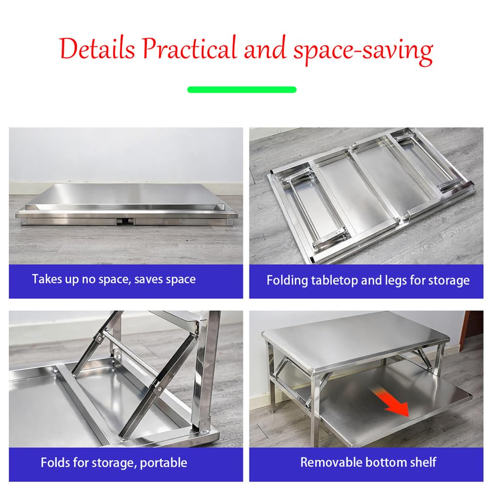 Tavolo da Preparazione in Acciaio Inossidabile - Tavoli da Cucina Pieghevoli Professionale con Ripiano Inferiore Regolabile, Banco da Lavoro Portatile per Ristoranti,Argento,L60*H50*W60