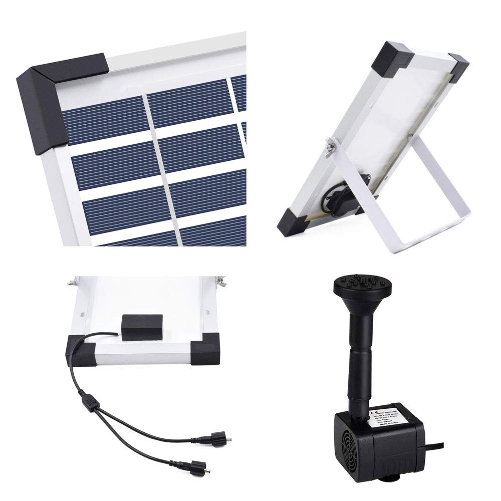 Bomba Agua Panel Energía Solar 5W Solar Bombas para Fuentes, Bomba de Agua Solar Monocristalino Bomba Agua con 8 boquillas Para estanques pequeños, piscinas, acuarios, baños de aves, jardines, 380L/H