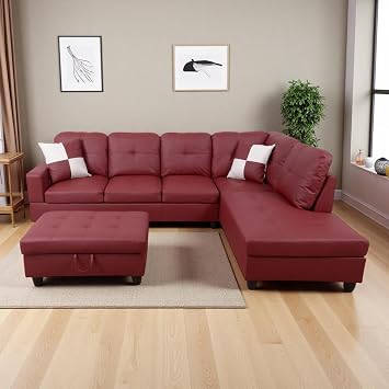 Faux Leather Sectional Sofa Couch, Modern L-Shaped Couch, Modular Sectional Sofa Set, 103.5" Corner Chaise Lounge with Storage Ottoman for Living Room, Apartment, Office Right Chaise, Red