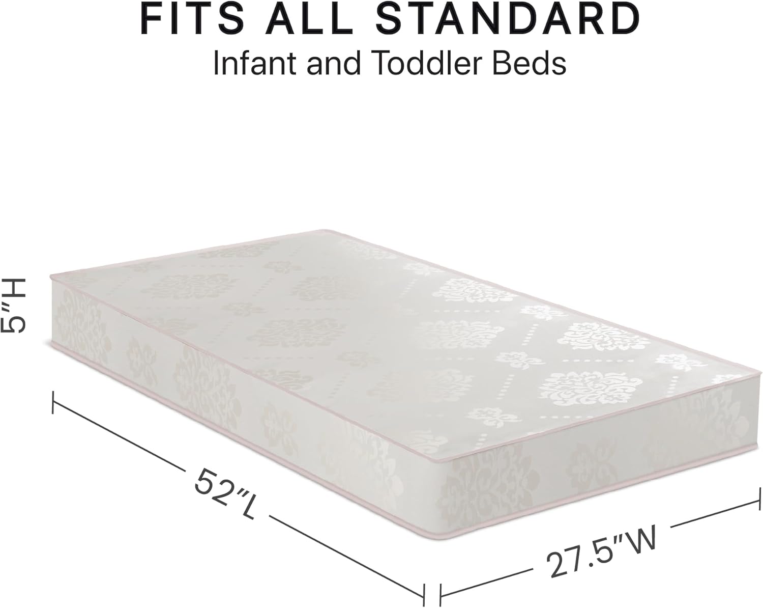 Diagram showing the approximate dimensions of the mattress: 52 inches long, 27.5 inches wide, and 6 inches high.