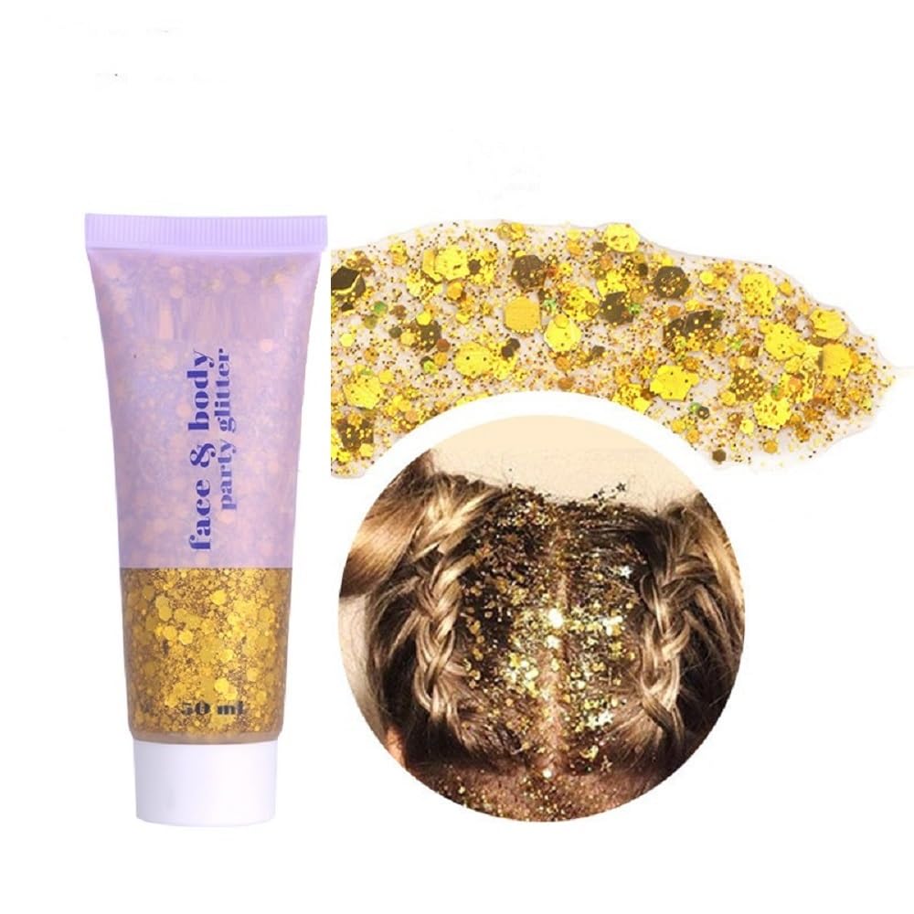 Gold Body and Face Glitter Gel, Hair Glitter Halloween Party Alien Costume Neon Accessories Perfect Decorations Makeup.(Gold)