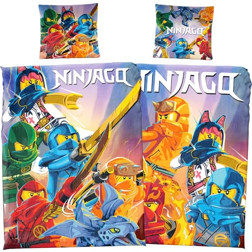 Lego Ninjago Parure de lit avec housse de couette 135 x 200 cm et taie d'oreiller 80 x 80 cm – 100 % coton renforcé Motif réversible Lloyd Kai Jay Arin...