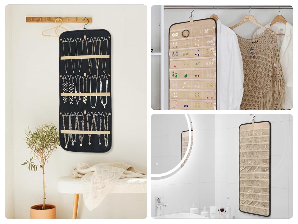 Organizer per Gioielli da Appendere, Hanging Jewelry Organizer per Armadio, Porta Gioielli da Appendere, Porta Collane da Armadio con 48 Tasche e 3 Ganci a Forma di Onda, per Orecchini,Collana