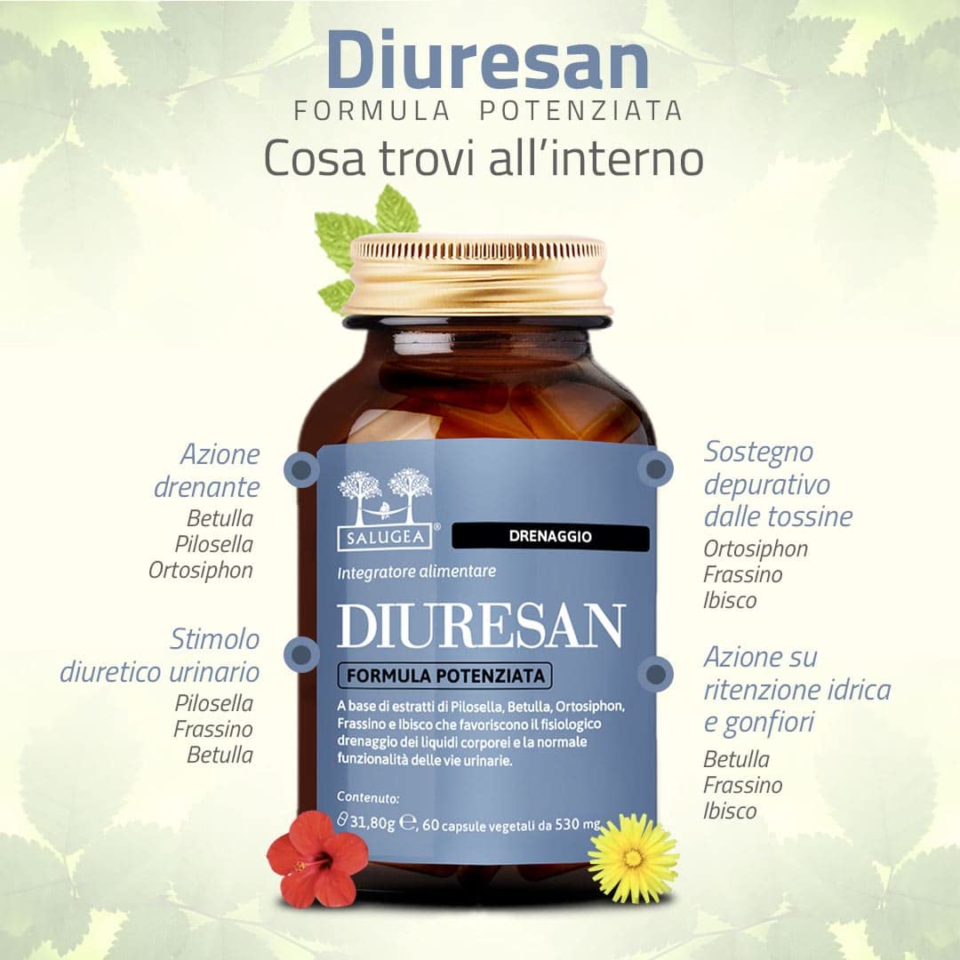DIURESAN Formula Potenziata Salugea - Integratore 100% Naturale per la Ritenzione Idrica il Drenaggio e la Depurazione - Capsule Vegetali - Flacone In Vetro Scuro (no Plastica) - 60 capsule