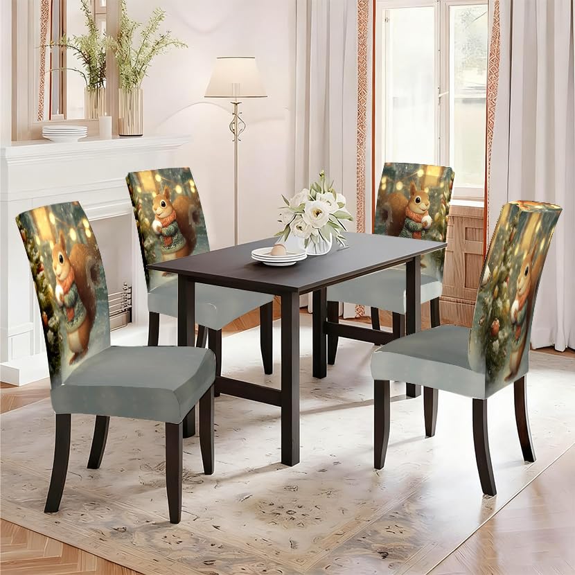 Image of Squirrel Christmas Chair Covers Set of 4, Woodland Slipcovers