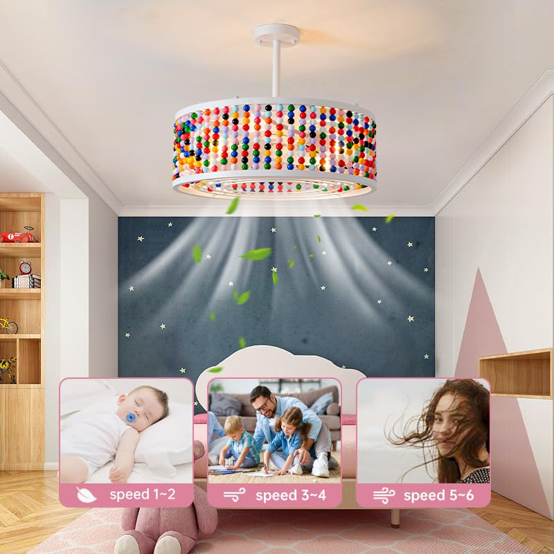 Image of Ceiling Fans with Lights and Remote and Downrod, Caged Ceiling Fan with Handcrafted Beaded Decor 6 Speeds Reversible 19 inches Bulbs Included for Angled Ceiling, Colorful
