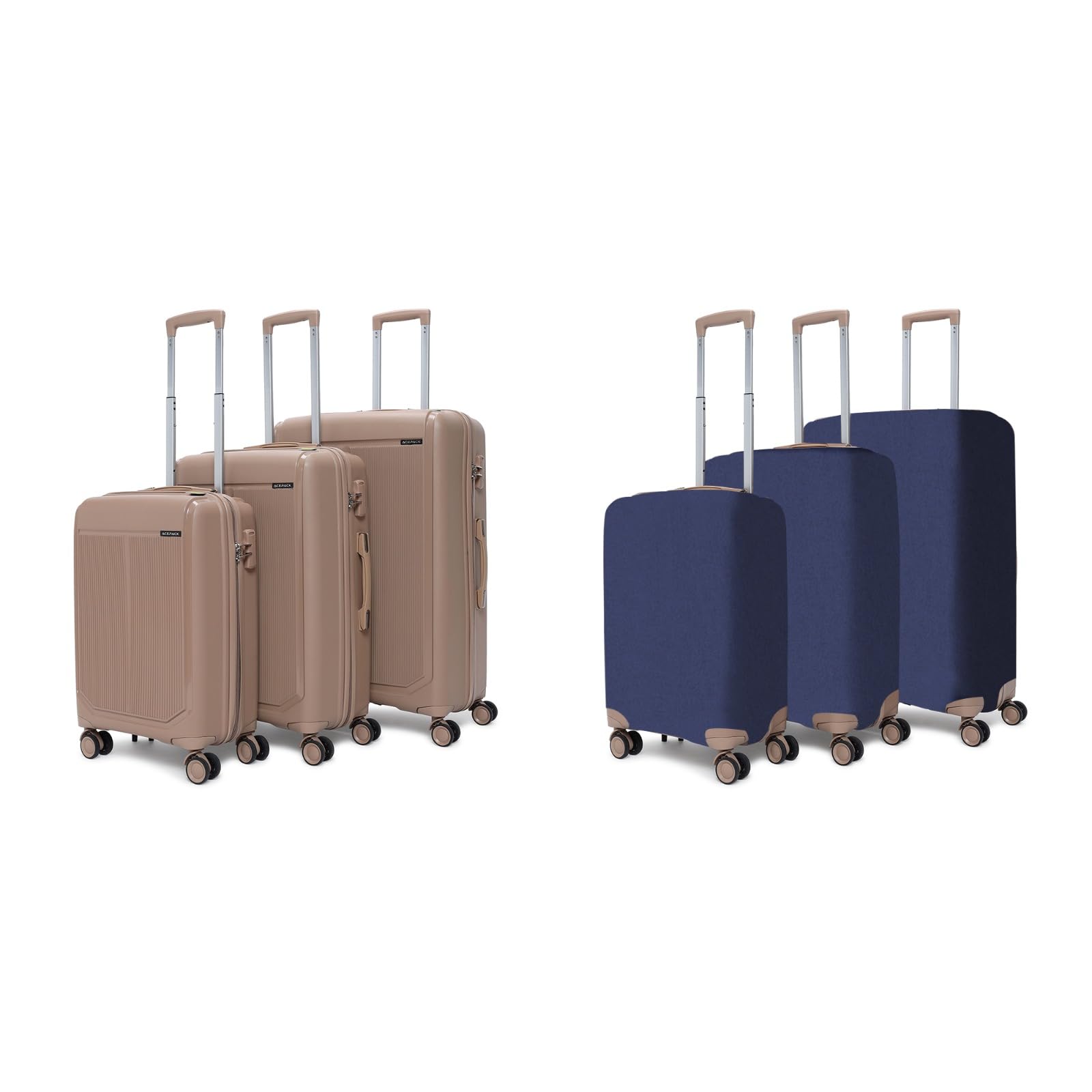 VLITE Megatron Family Set of 6 Luggage with Covers | 3 Trolley Bags (20/24/28) + 3 Luggage Covers (20/24/28) | Lightweight Polypropylene Hard Shell, 360° Spinner Wheels (Beige/Solid Black)