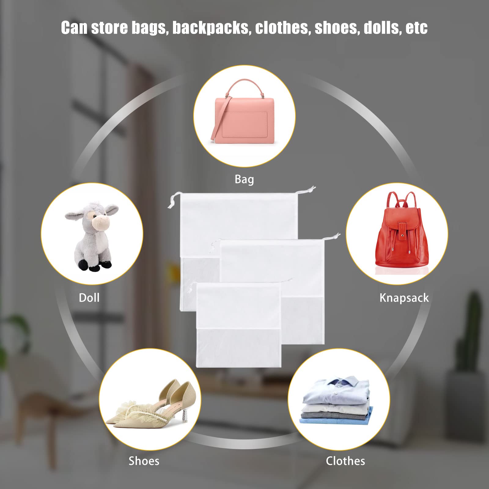 18 Sacchetti Antipolvere Per Borse In Tessuto Non Tessuto, 3 Misure Con Coulisse E Finestra Trasparente, Organizer (Bianco)