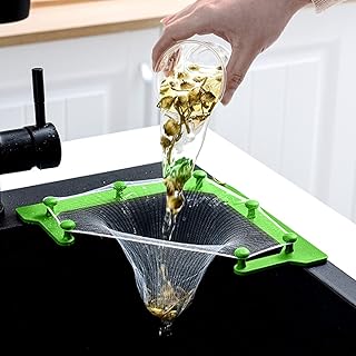 Sink Strainers Basket Fine Mesh Corner Sink Multipurpose Kitchen Sink Strainer Bags Kitchen Leftovers Filter Basket Triangular Mesh Hanging Net Bag for Sink(1 Holder + 100 PCS Filters+1 Nano Glue)