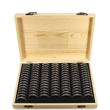 Aoccy Pine Wood Coin Holder Wooden Coins Storage Box for Collectible Commemorative Coin with 20pcs Capsules Accommodate