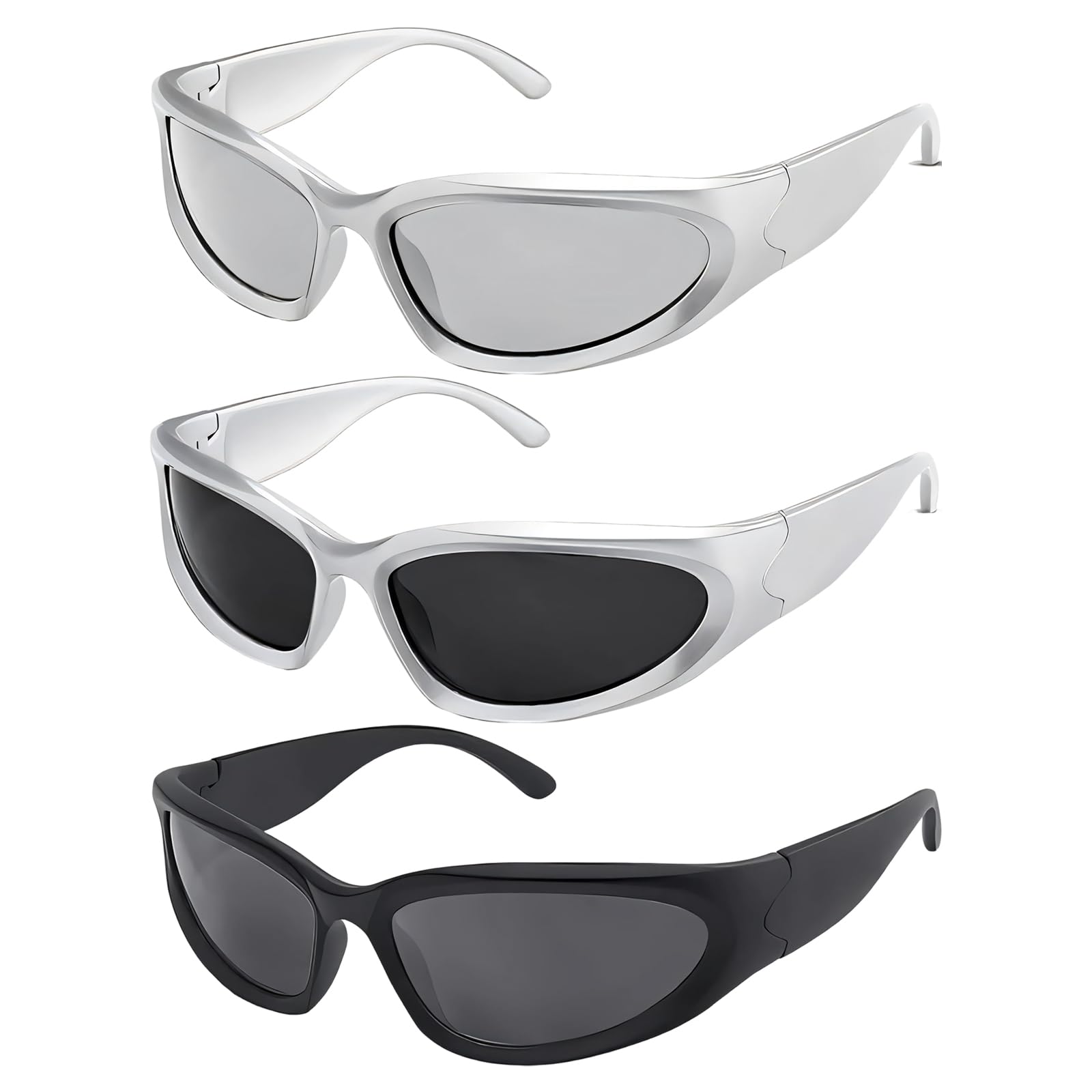 QiiWuic 3 Pack Rave Glasses, Retro Oval Wrap Around Sunglasses for Men &Women, Y2k Sunglasses, Fashionable Unisex Glasses, Sun Shading, Sports Driving, Cycling, Outdoor