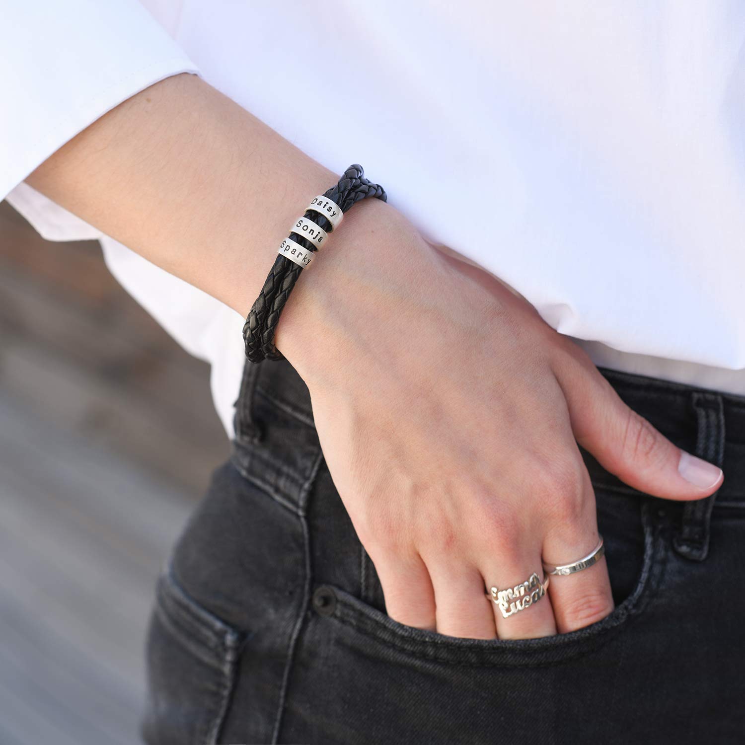 MYKA – Personalizzato Bracciale Regolabile in Pelle Intrecciata Personalizzabile con Perline Personalizzate Incise in Argento Sterling – Regalo per donna – Regalo per Natale5