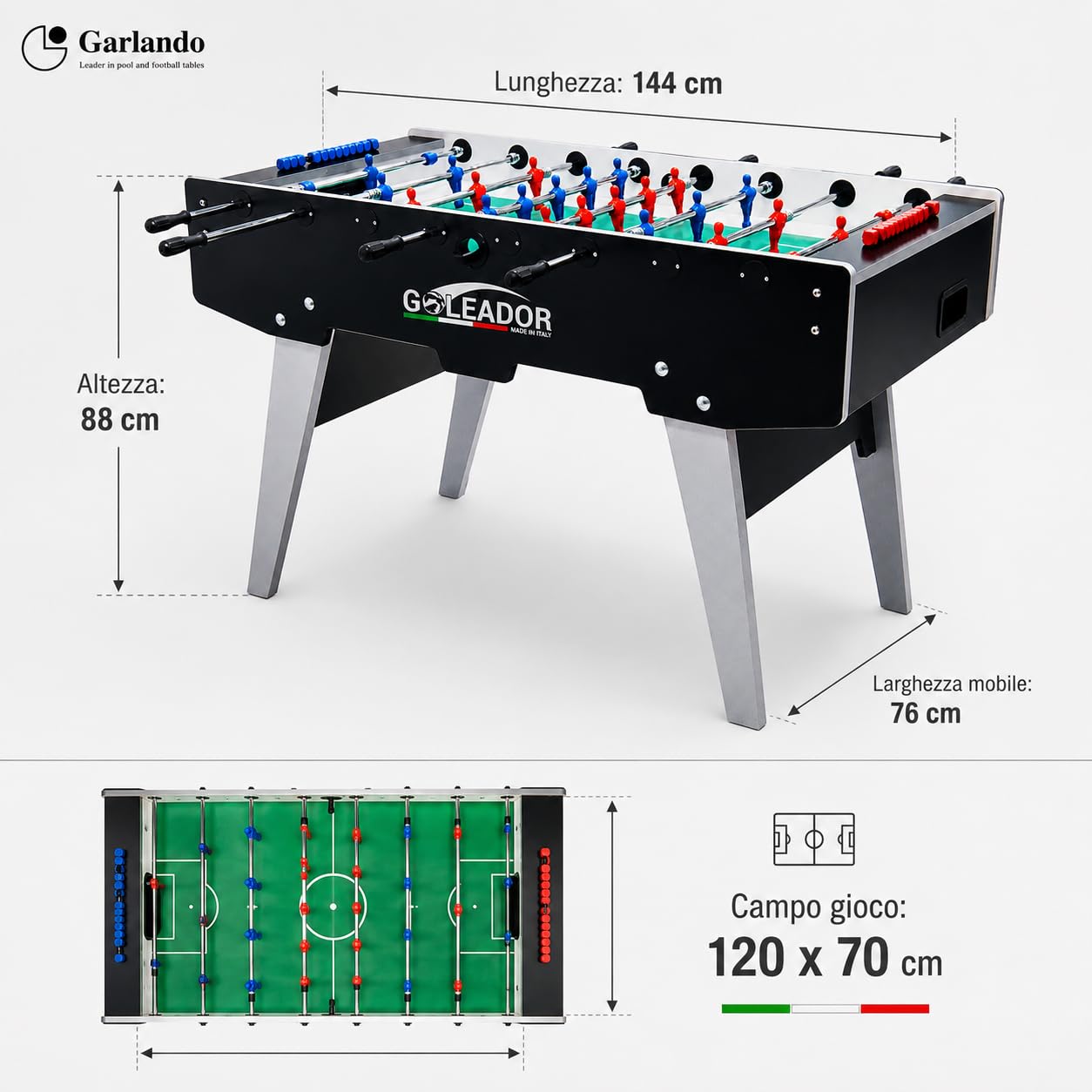 Garlando Goleador [Calcio Balilla Made in Italy] Aste rientranti o Uscenti | Biliardino Calcetto Calcio da Tavolo Professionale, Vetro Temperato Infrangibile, Gambe Pieghevoli, Palline Incluse