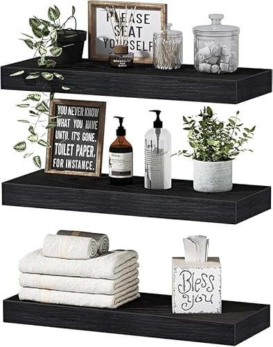 Floating Shelves Wall Mounted, Set of 3 Solid Wood Wall Shelf with Invisible Brackets, Hanging Bookshelf, Heavy Duty Decor Wall Storage Shelves for Living Room, Bedroom, Bathroom, Kitchen (Black)