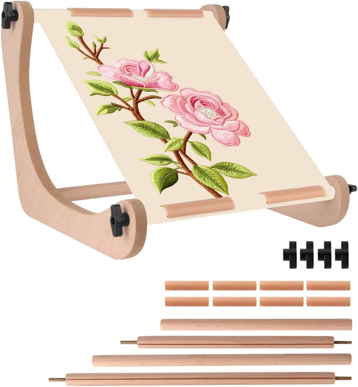 eZAKKA Adjustable Embroidery Table Stand, Wooden Embroidery Hoop Holder & Needlepoint Frame with 2 Size Rods (13.9" & 17.7"), Cross Stitch Holder for Hand Work & Lap Stitching with Both Hands Free