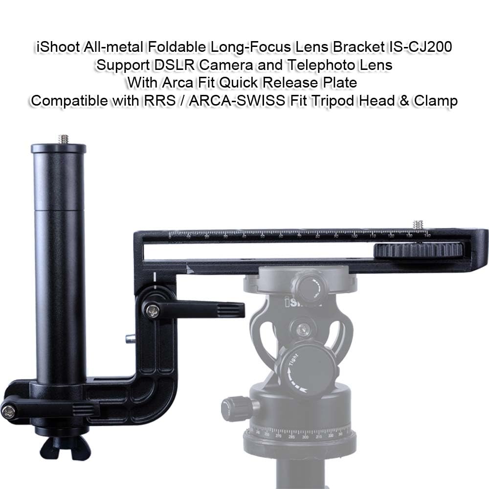 iShoot Support de téléobjectif pliable, support d'objectif focale longue tout en métal, Support de Appareils Photo Caméra avec plaque de dégagement rapide de 20cm pour rotule de trépied Arca-Swiss Fit