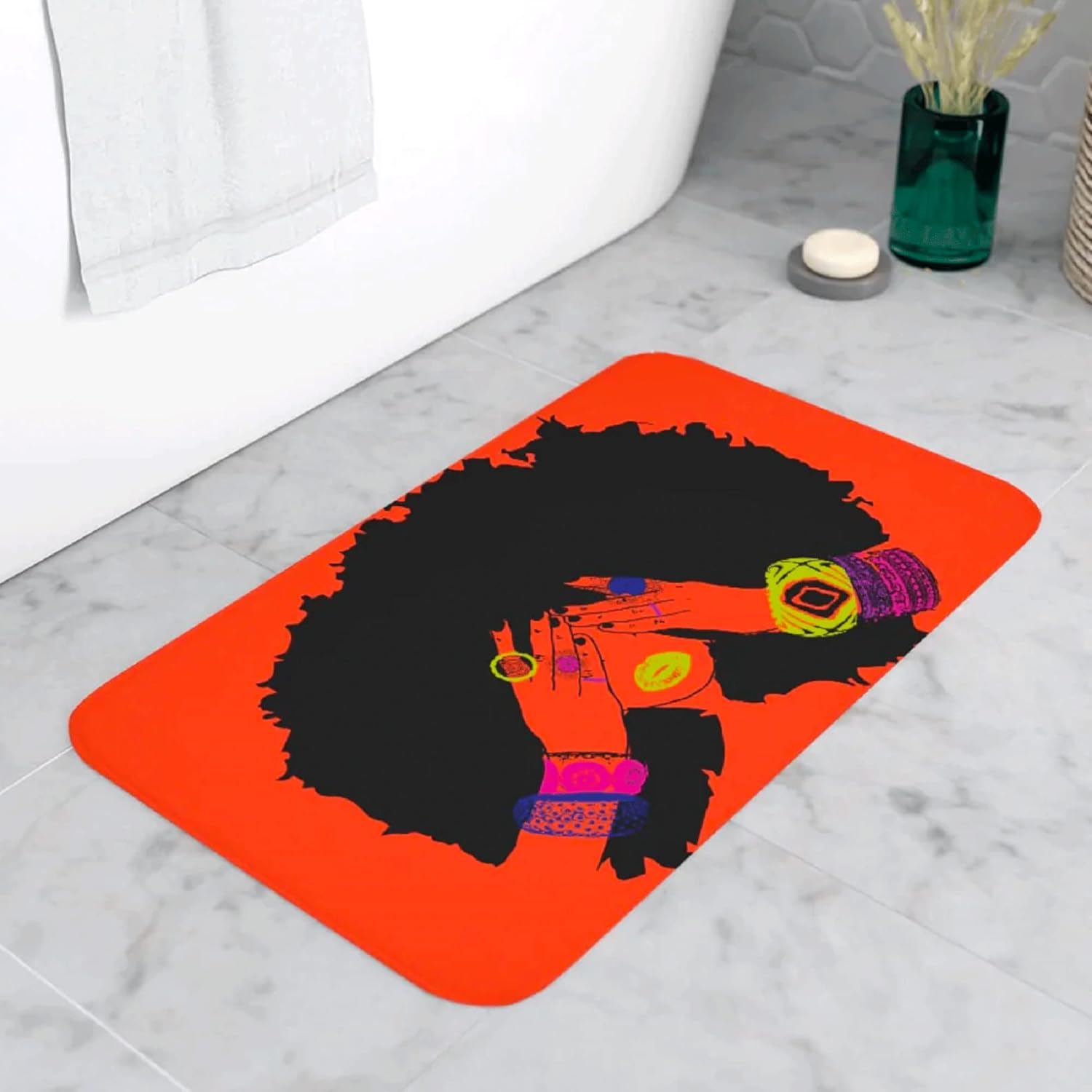 Pardon My Fro Non-Slip Bathroom Mats, Cushioned Soft Absorbent 100% Microfiber, Quick-Dry for Shower, Tub, and Floor, Featuring Fierce Fro-Beauty Home Decor Rugs - Shanell Bath Mat, Orange 30"x20"