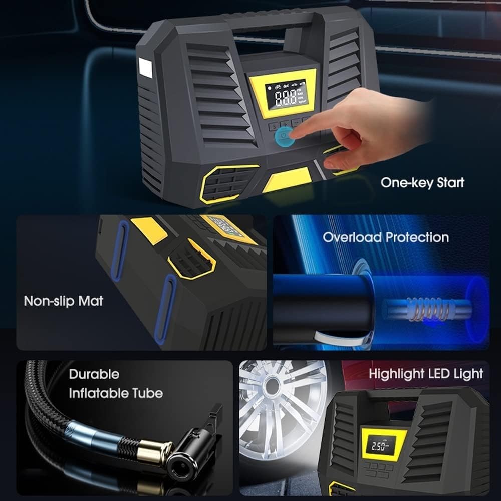 Przenośna sprężarka powietrza, 150 PSI, 12 V DC, pompka do opon z wyświetlaczem LCD i lampą LED, czarny/żółty