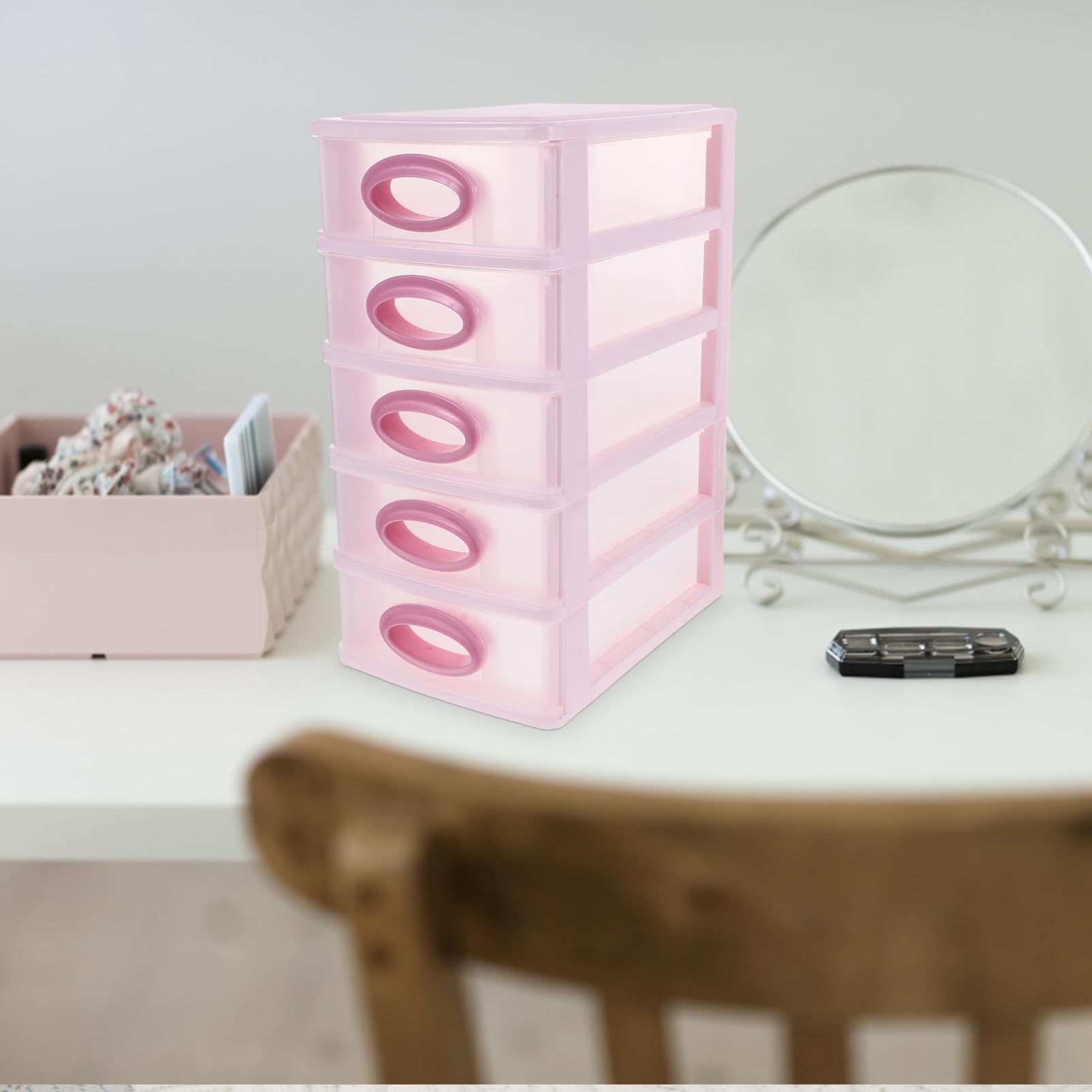 NUOBESTY Organizzatore da Scrivania Multifunzionale a 5 Strati in Pp Rosa, Cassetto per Cosmetici e Trucchi Design Semplice, Pratico e Decorativo per Ufficio e Casa