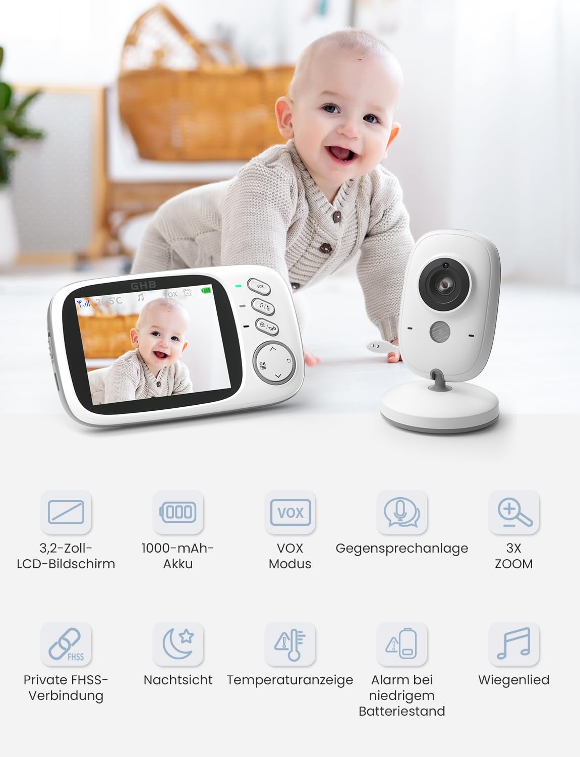 GHB Elektroniczna niania z kamerą 3,2" LCD monitor dla niemowląt, widoczność w nocy, tryb VOX, kołysanki i funkcja interkomu