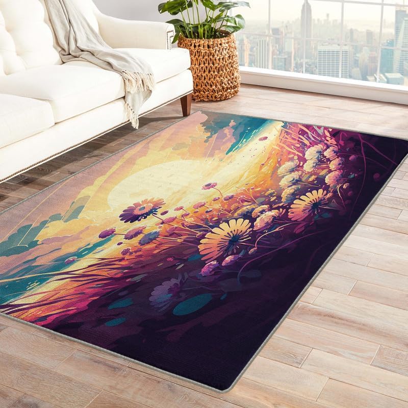 Alfombras de atardecer para dormitorio, sala de estar, 5 x 8 pies, diseño floral, natural, lavable, antideslizante, suave, alfombra de área de pelo