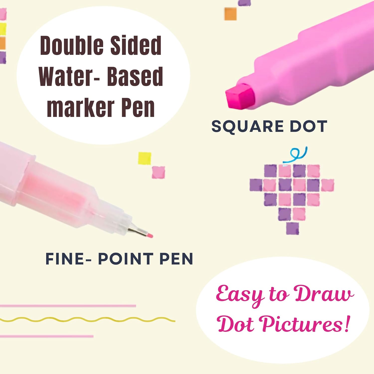 SUN-STAR DotEPen Double Sided Water- Based marker Pen, Square Dot and Fine- Point Pen, Set of 4, A Collection (Yellow, Orange, Fluorescent Pink, Violet) with Authentic Hologram for US and EU Only