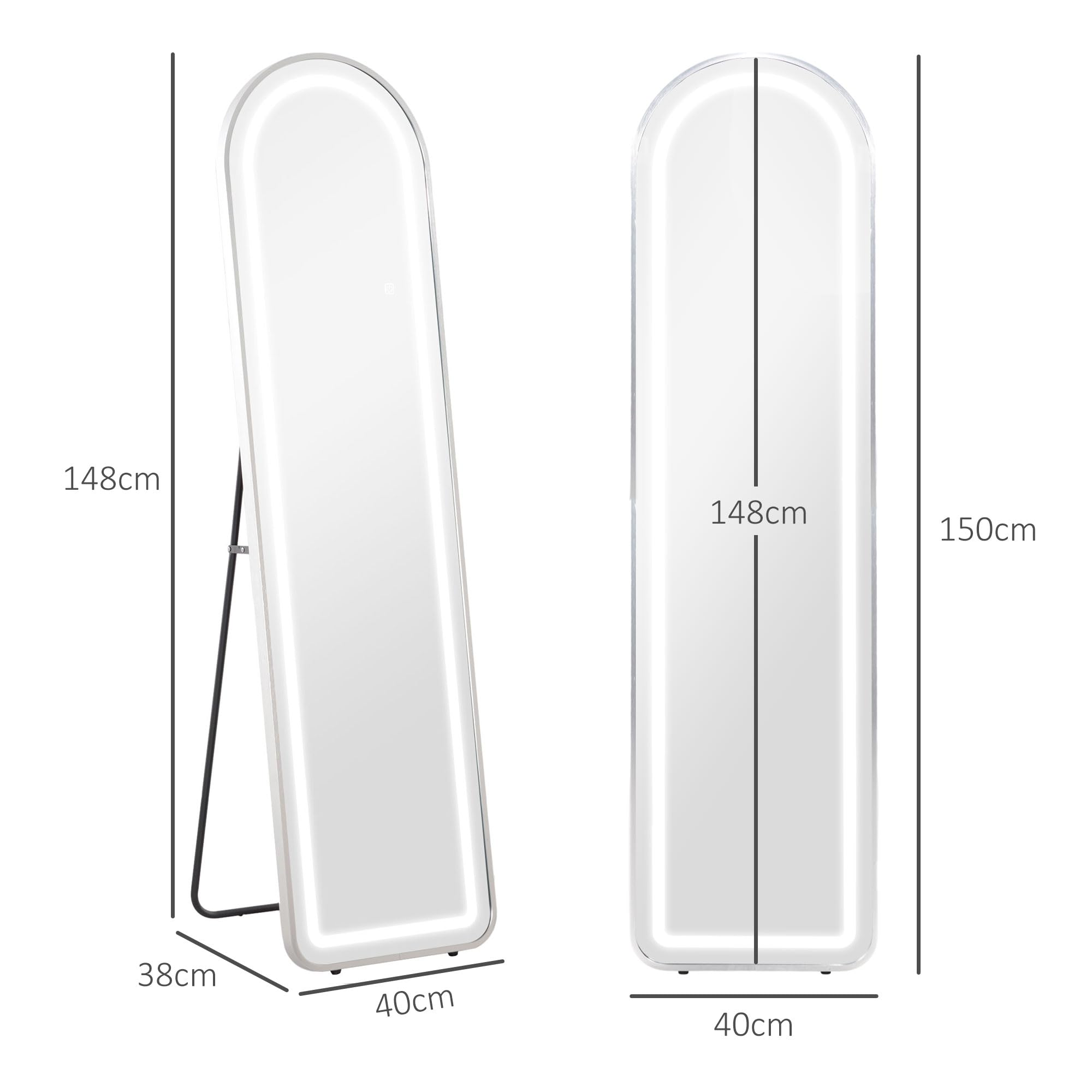 HOMCOM Miroir Pleine Longueur LED 150x40 cm 3 Couleurs Lumière Réglables Interrupteur Tactile Fonction Mémoire Argent