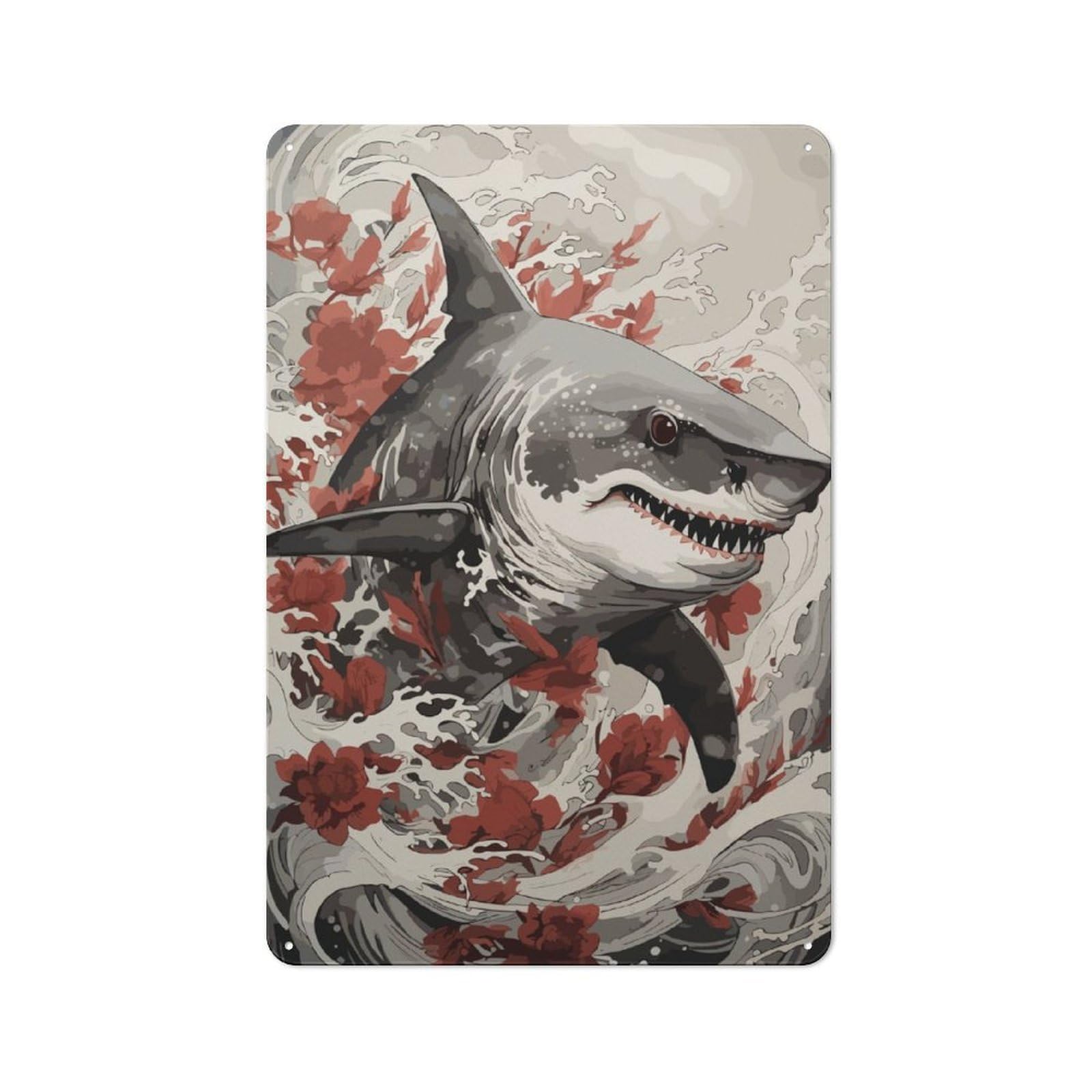 Junmoney Shark Japanese Painting For Man Cave Or Games Room, Retro Tin Sign 30X20cm, A Christmas Gift For People Styling Man Cave And Games Room