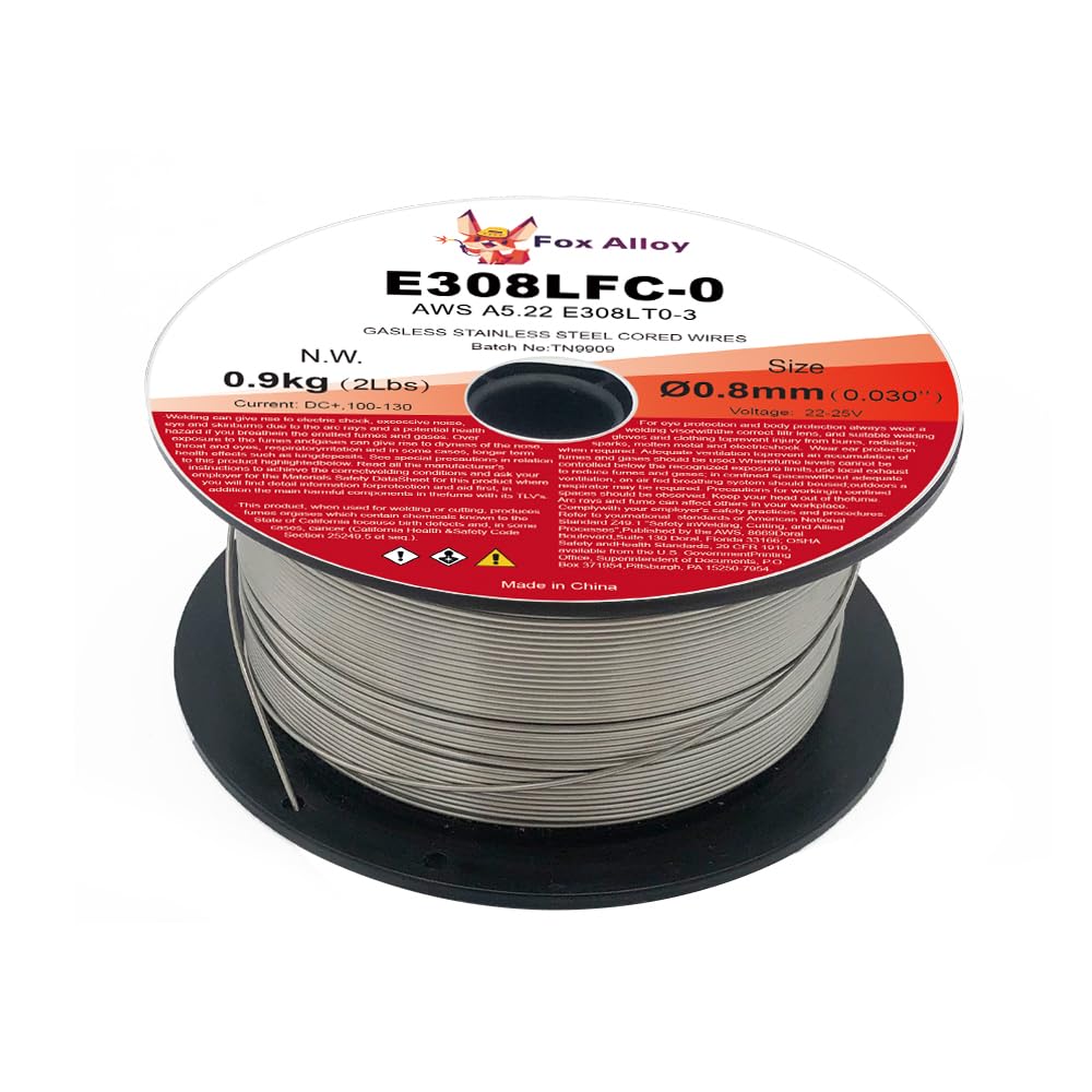 Alambre de acero inoxidable con núcleo de fundente E308LFC-O 0.030 de diámetro, 0.9 kg, alambre de soldadura con núcleo de fundente sin gas, carrete de 2 libras, plateado, paquete de 1