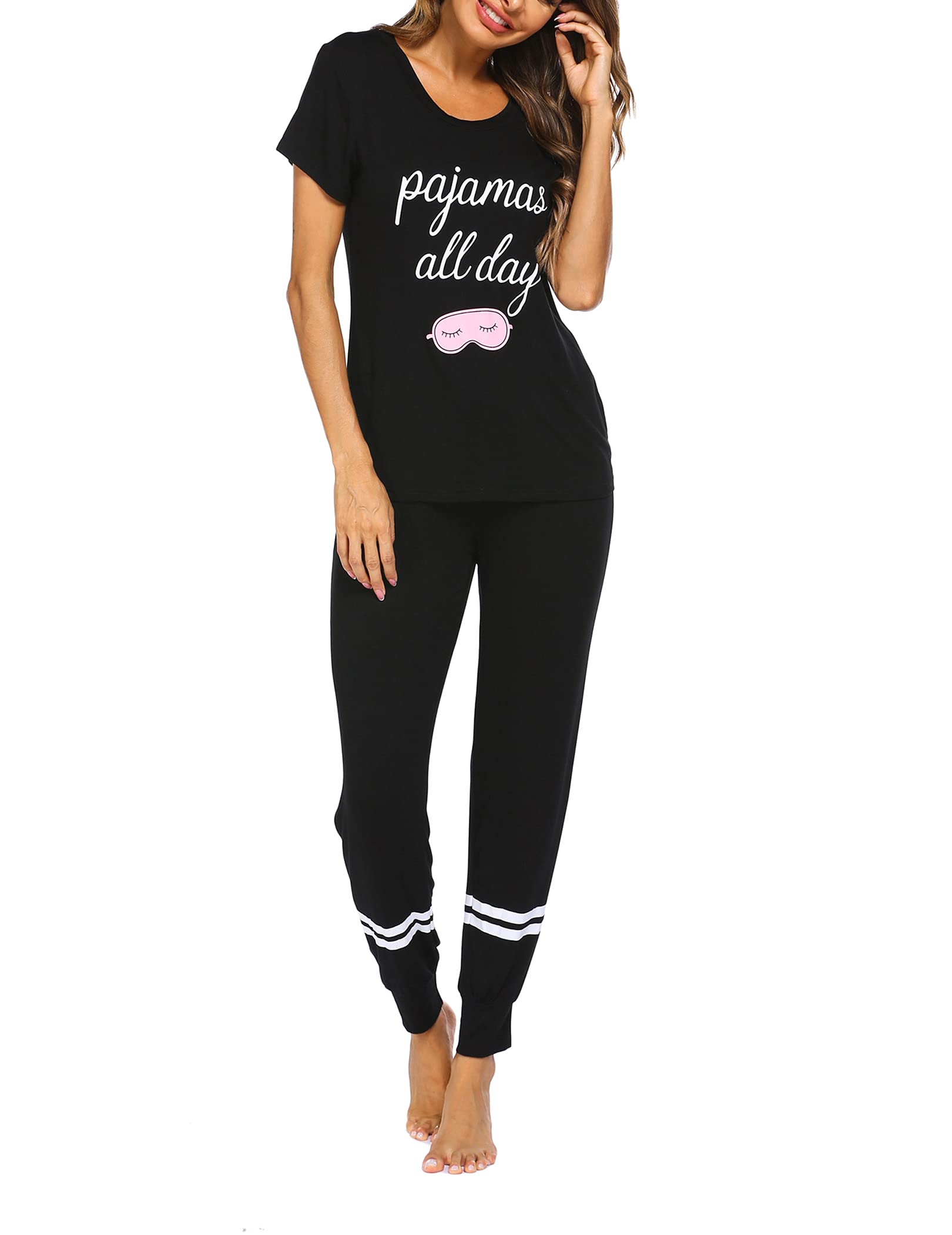 Ekouaer Womens Pajamas Set 2 Piece Lounge Pj Set Short Sleeve Sleepwear Tops with Joggers Pants Loungewear Print