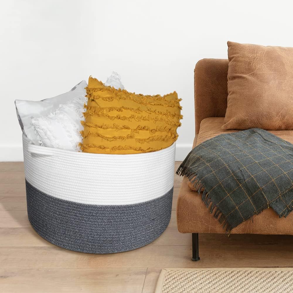 Annecy XXLarge Cotton Rope Basket, 21x13 Inches Blanket & Laundry Basket with Handle for Toys, Towels, Pillows & Blankets, White & Grey