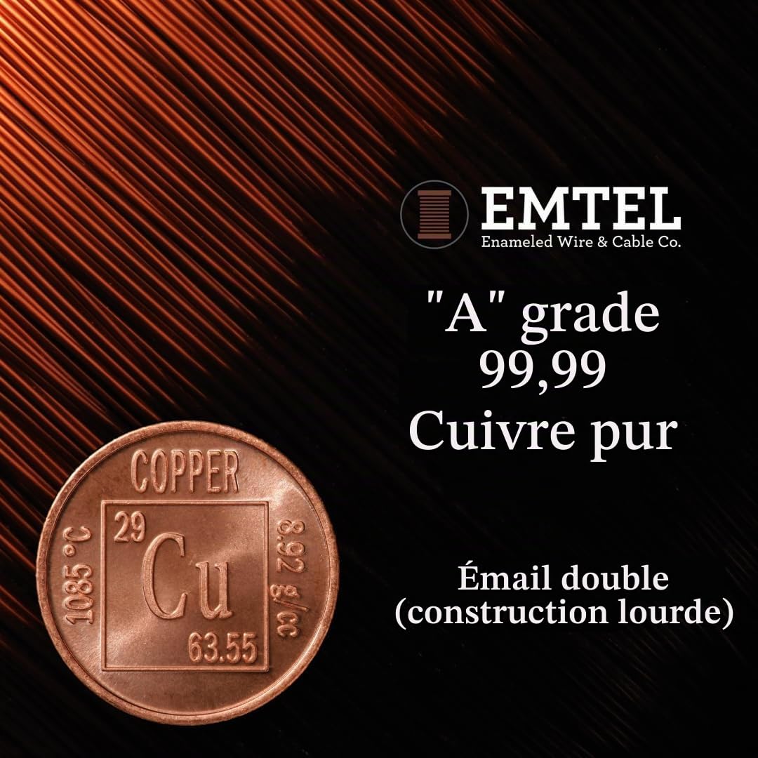 Emtel Fil de cuivre émaillé 1,02 mm - 500 g - 67 mètres - Fil d'enroulement pour moteur, transformateur, haut-parleur, bobine magnétique - Fil magnétique jusqu'à 220 °C - Isolation double revêtement