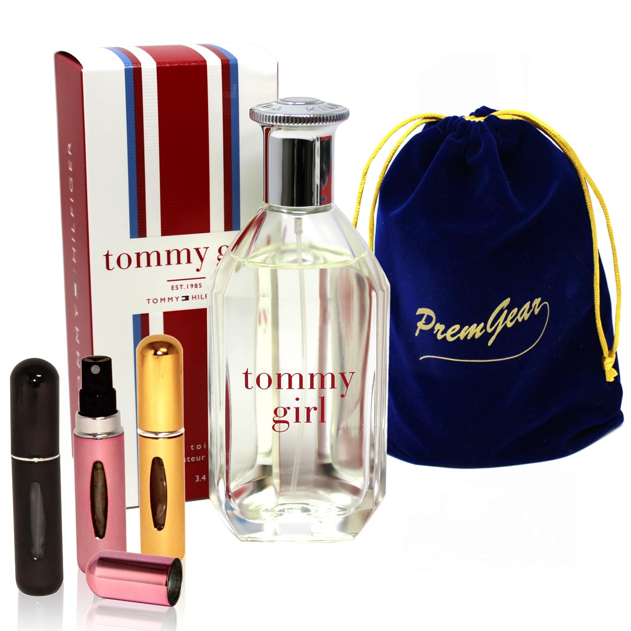 Tommy Girl Eau de Toilette for Women 3.4Fl oz / 100 ml with Elegant Velvet Pouch and 3 Refillable Atomizer Spray Bottles