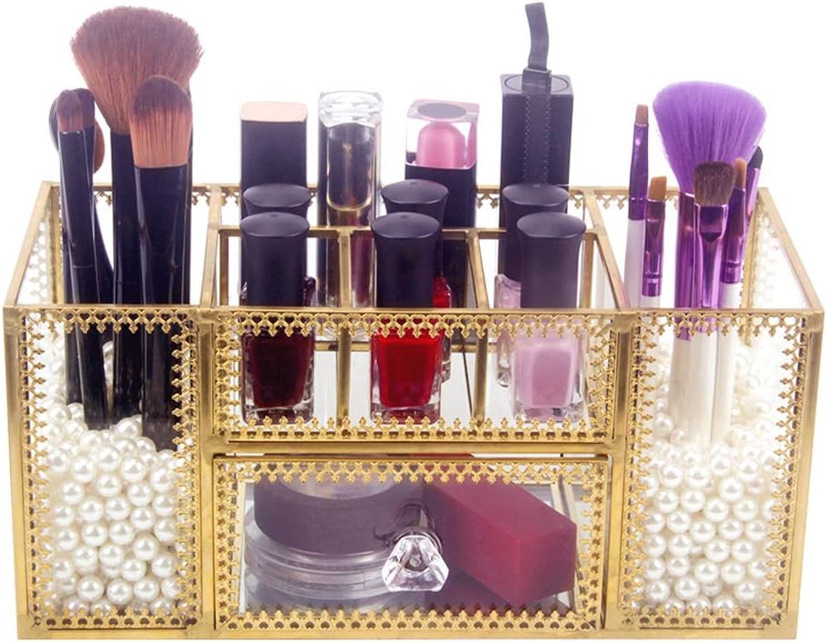 DesignSter Antique Glass Makeup Organizer - Gold Lace Perfume Cosmetic Holder with Pearls / Brass Brush Lipsticks Storage / Vanity Mirror Base / Vintage 7 Compartments for Bedroom, Dresser, Countertop