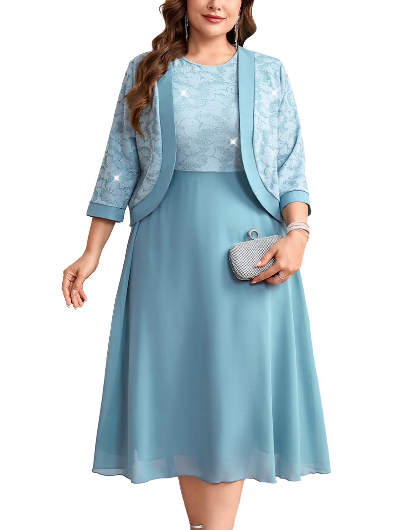 Photo 1 of CYCLAMEN Plus Size Mother of the Bride Dress 2 Piece Set with Jacke Chiffon A-Line Sparkly Gown for Wedding Guest Formal, Light Blue, 0X