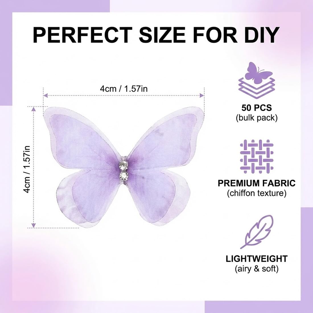 50 Pièces 3D Papillons en Tissu Organza et Chiffon Translucide, DIY, Scrapbooking, Mur et Fenêtre, Pince à Cheveux, Deco Chambre Bébé et Fille, Stickers Muraux pour Mariage