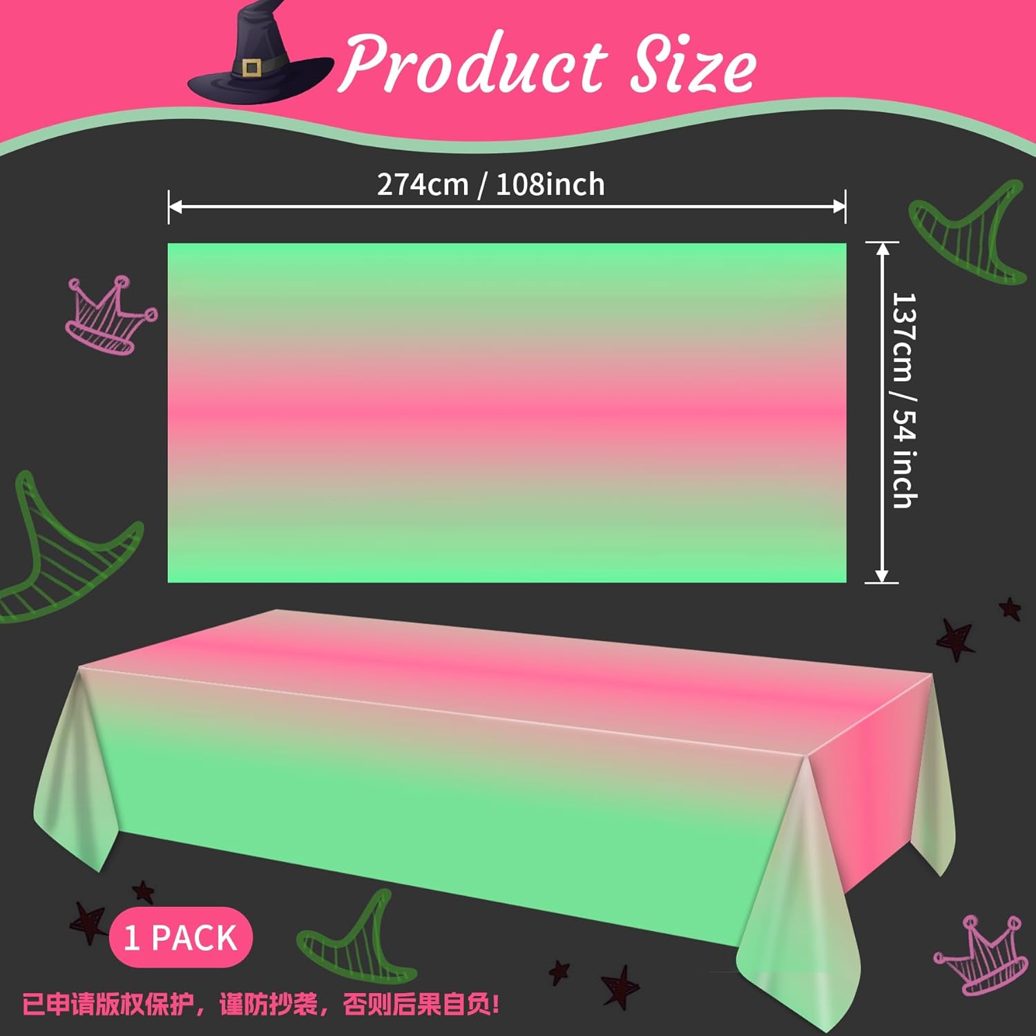 AFZMON 1 Pack Witch Birthday Party Decorations Tablecloth, Pink and Green Disposable Rectangle Plastic Table Decors Cloth for Kids Baby Shower Wedding Party Supplies, 54 x 108Inch - Image 2