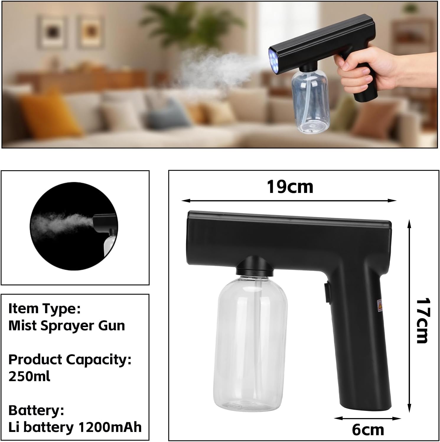 Portable Nanometer, Electric Mist Sprayer, Multifunctional Electric Fogger, Cleaning Sprayer, Rechargeable Mini Spray for Home Office School Hotel Nanometer Machine, Black - Image 3
