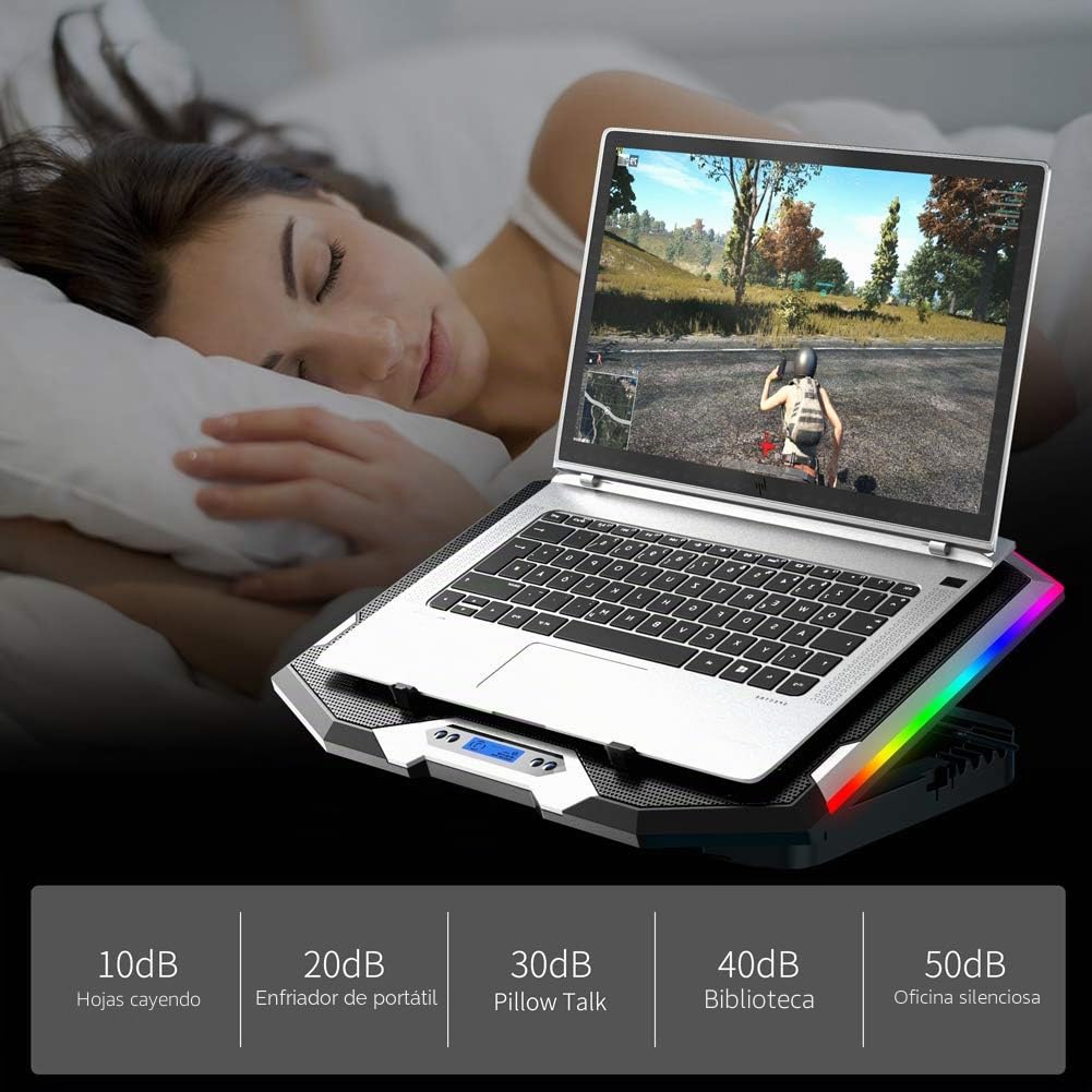 Ice COOREL Almohadilla de refrigeración RGB para Laptop de 15.6 a 17.3 Pulgadas, Soporte Enfriador para portátil con 6 Ventiladores de refrigeración silenciosos y 6 Alturas Ajustables, Pantalla LCD y